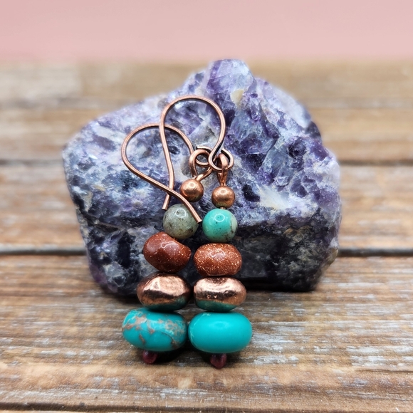 Persephone's Daughter Jewelry - Imperial Jasper, Goldstone, Chrysoprase, and Copper Stacked Earrings